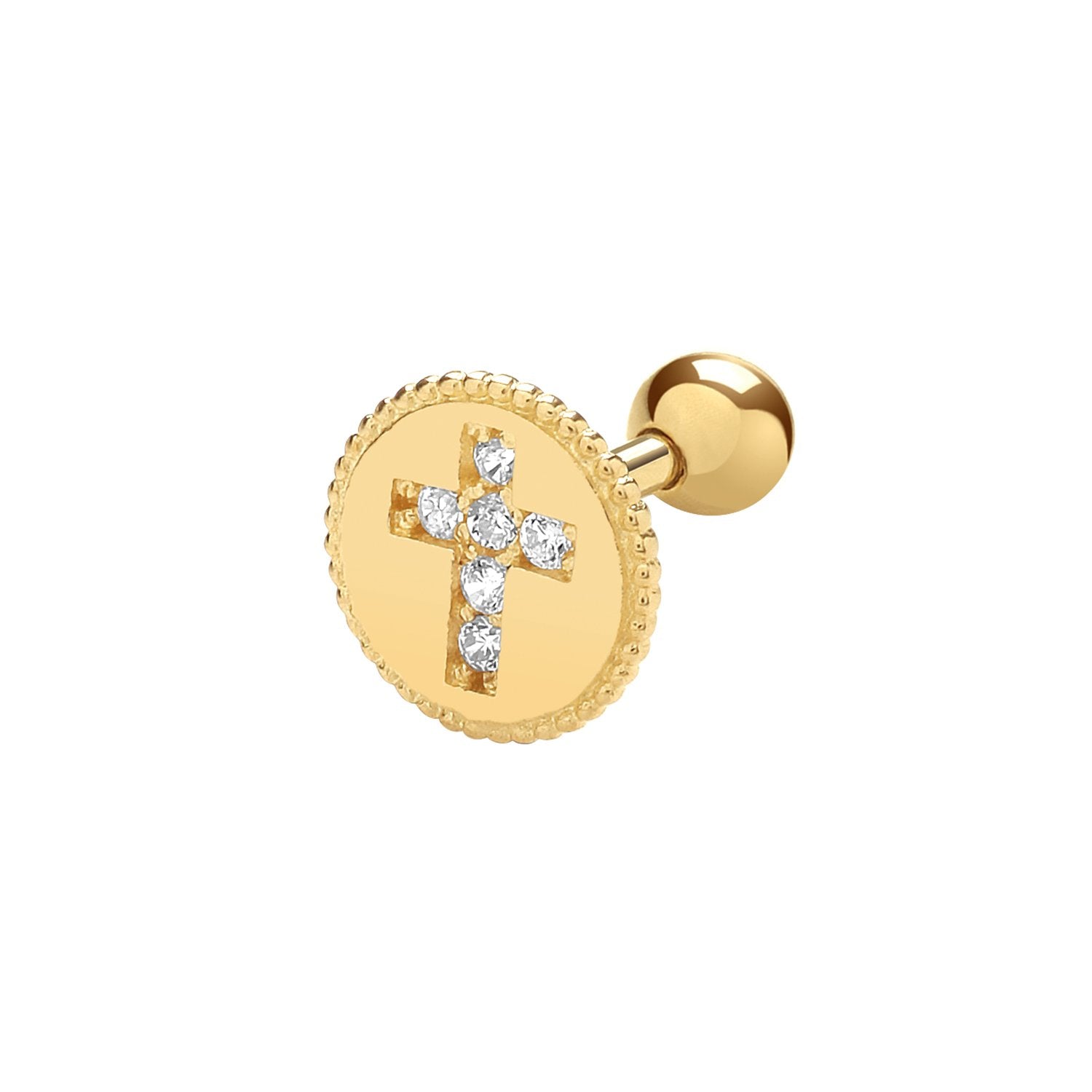 Genuine 9CT Yellow Gold Round MGRN with CZ Cross Cartilage 6mm Post Stud