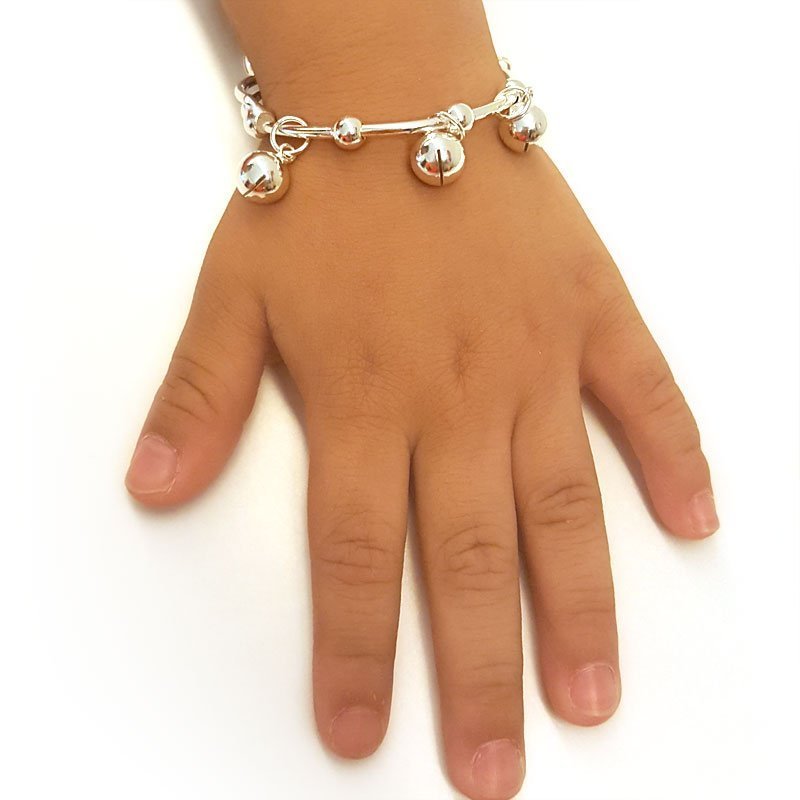 Solid 990 Silver Bells Bangle Bracelet Baby Kids Children Gift Adjustable Size