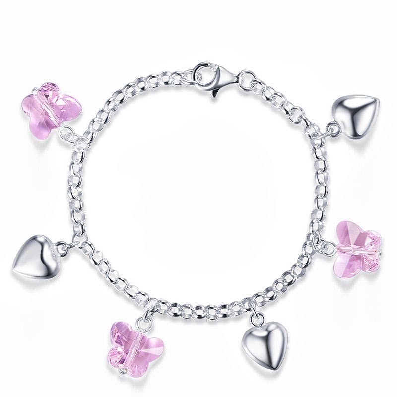 Solid 925 Sterling Silver Pink Butterfly Hearts Bracelet Baby Kids Girl Gift Children Jewellery
