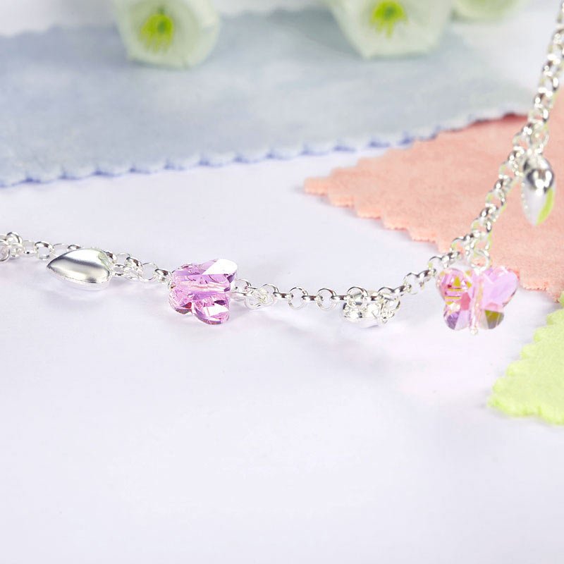 Solid 925 Sterling Silver Pink Butterfly Hearts Bracelet Baby Kids Girl Gift Children Jewellery