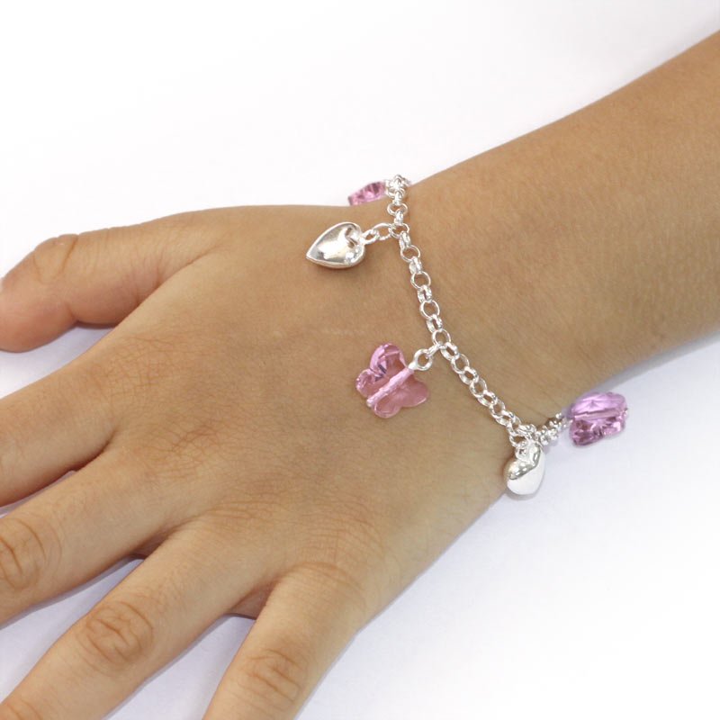 Solid 925 Sterling Silver Pink Butterfly Hearts Bracelet Baby Kids Girl Gift Children Jewellery