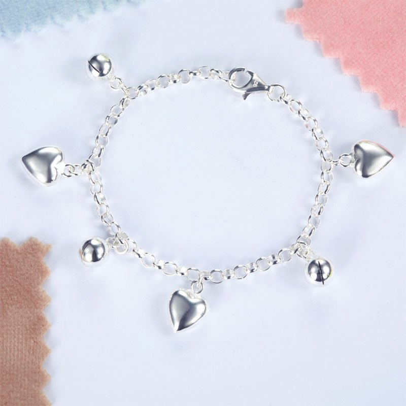 Solid 925 Sterling Silver Dangle Hearts Bracelet Baby Kids Girl Gift Children Jewellery