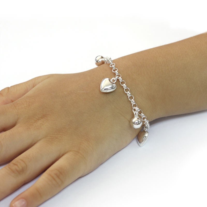 Solid 925 Sterling Silver Dangle Hearts Bracelet Baby Kids Girl Gift Children Jewellery