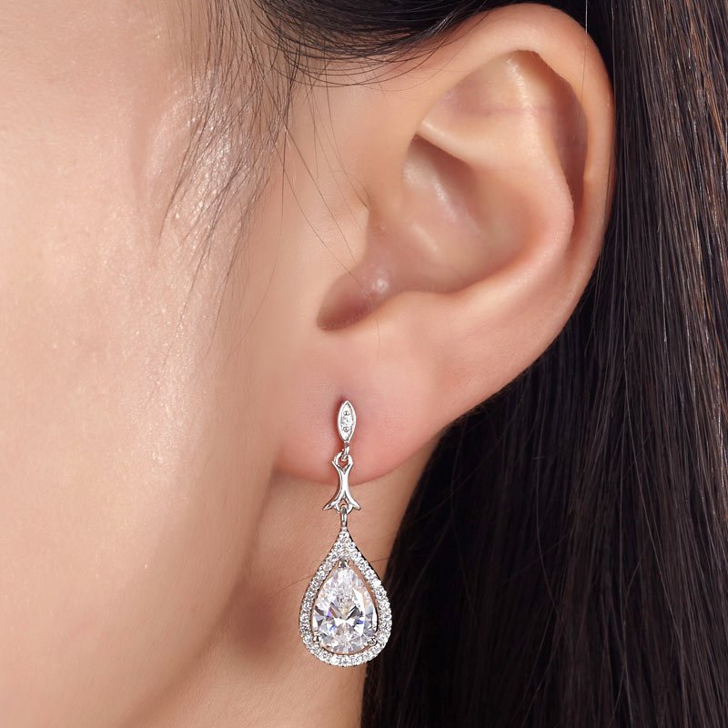 Pear Cut Created Diamond Vintage Dangle 925 Sterling Silver Earrings