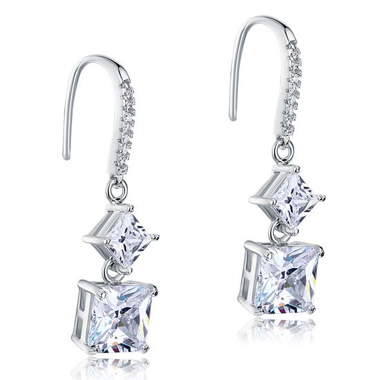 2 Carat Princess Cut Created Diamond Dangle Drop 925 Sterling Silver Earrings