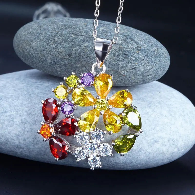 3.5 Carat Multi-Color Created Topaz Flower 925 Sterling Silver Pendant Necklace limanilondon