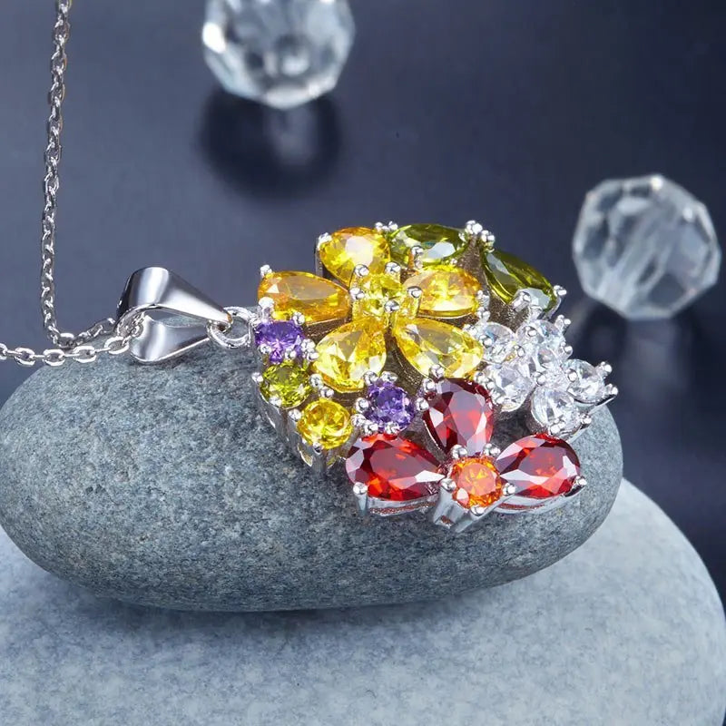 3.5 Carat Multi-Color Created Topaz Flower 925 Sterling Silver Pendant Necklace limanilondon