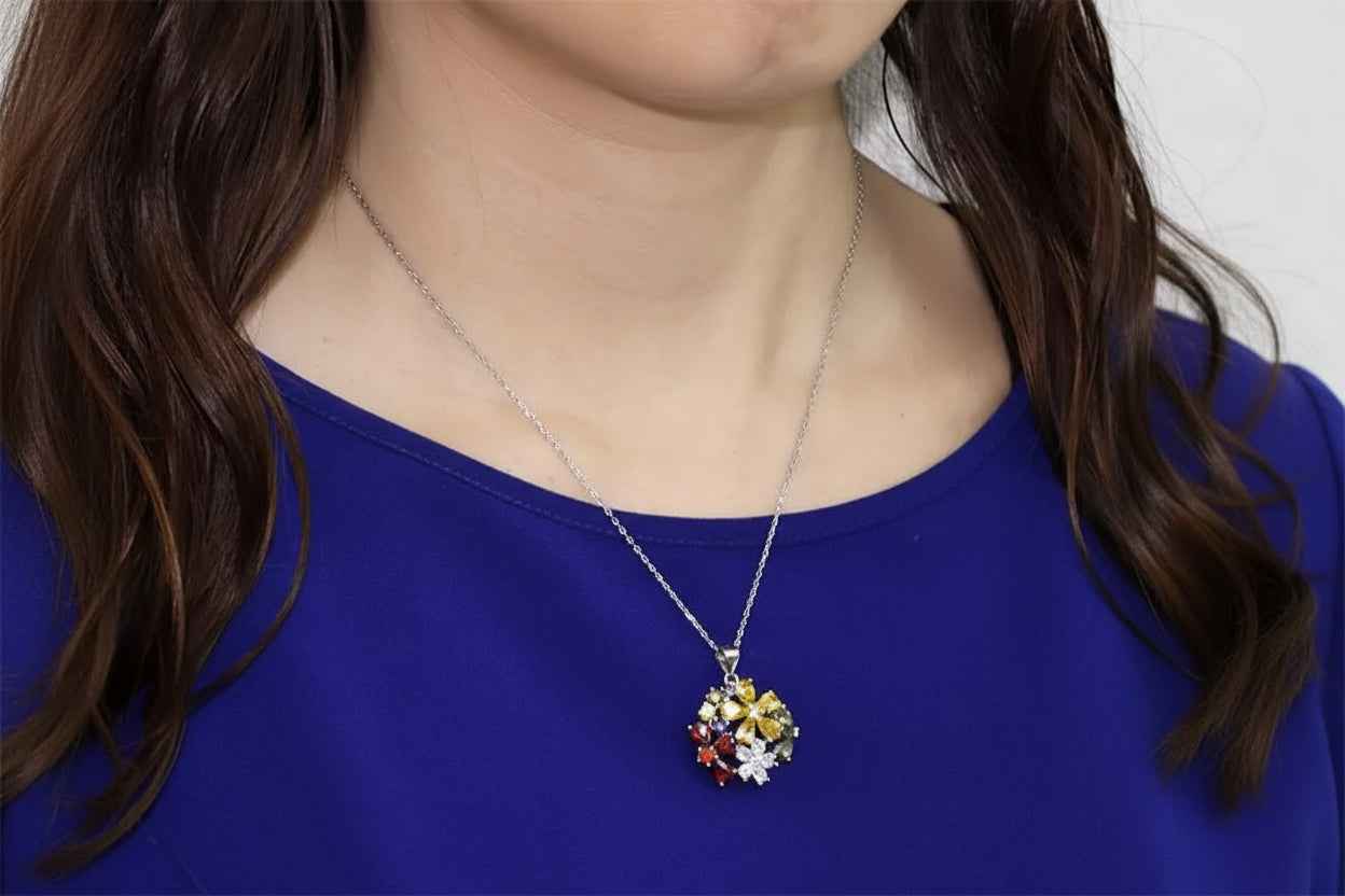3.5 Carat Multi-Color Created Topaz Flower 925 Sterling Silver Pendant Necklace