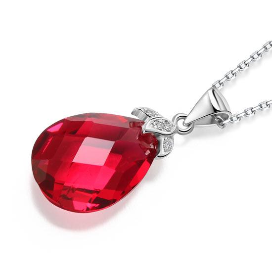 925 Sterling Solid Silver Tear Drop High Quality Fuchsia Crystal Pendant Necklace