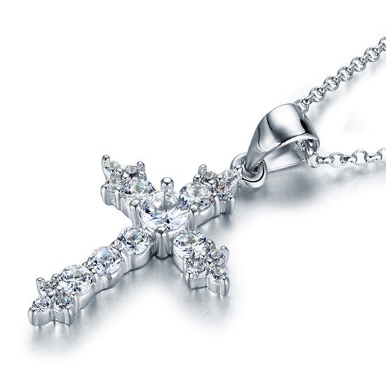Round Cut Created Diamond 925 Sterling Silver Cross Pendant Necklace