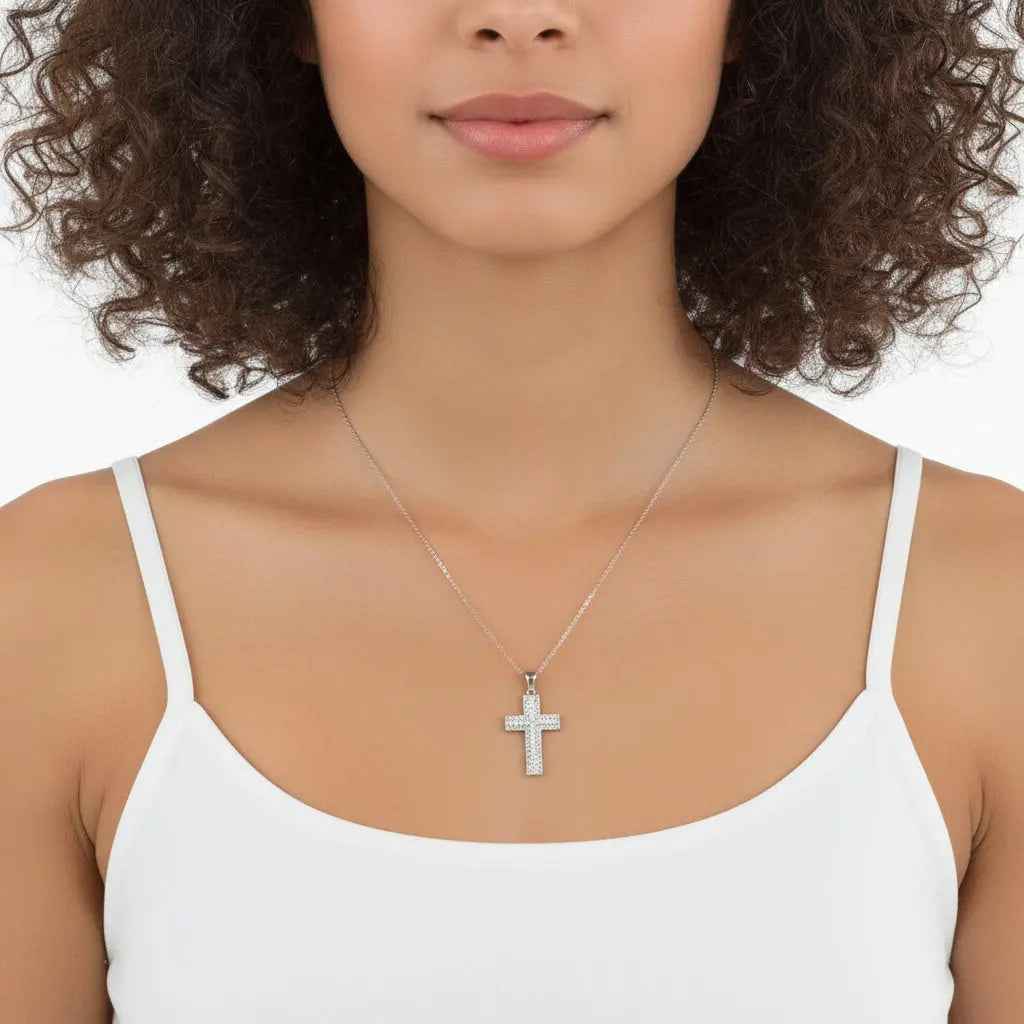Micro Setting Cubic Zirconia 925 Sterling Silver Cross Pendant Necklace
