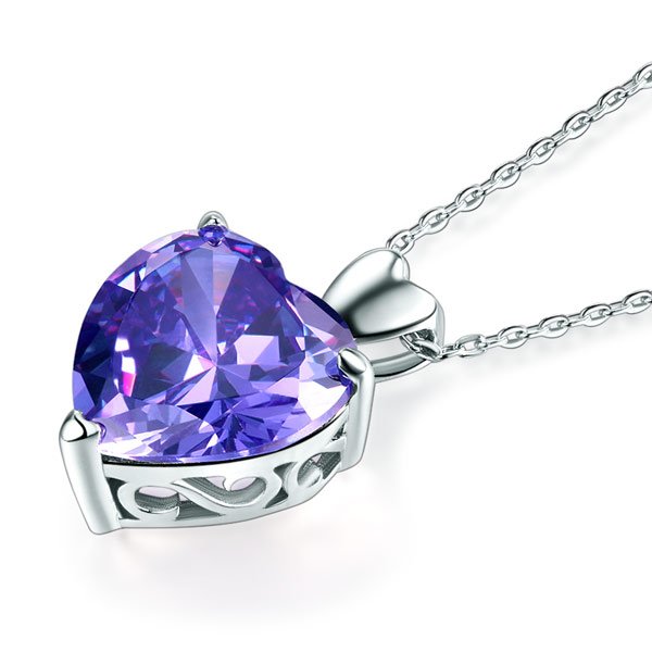 925 Sterling Silver Heart Pendant Necklace 5 Carat Purple Bridal Jewellery