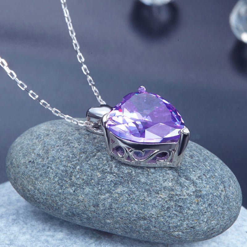 925 Sterling Silver Heart Pendant Necklace 5 Carat Purple Bridal Jewellery