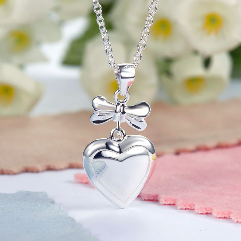 Kids Girl Ribbon Heart Pendant Necklace Sterling Silver Children Jewelry