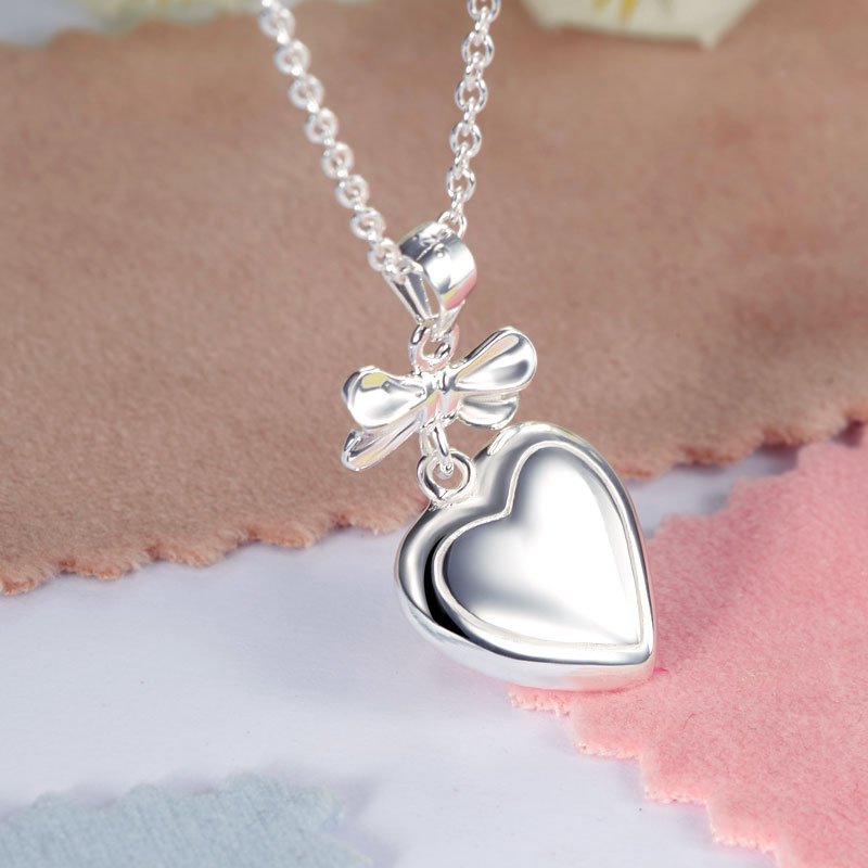 Kids Girl Ribbon Heart Pendant Necklace Sterling Silver Children Jewelry