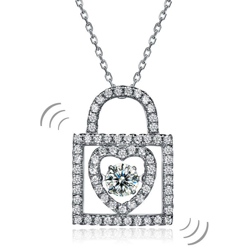 Heart Lock Dancing Stone Pendant Necklace 925 Sterling Silver