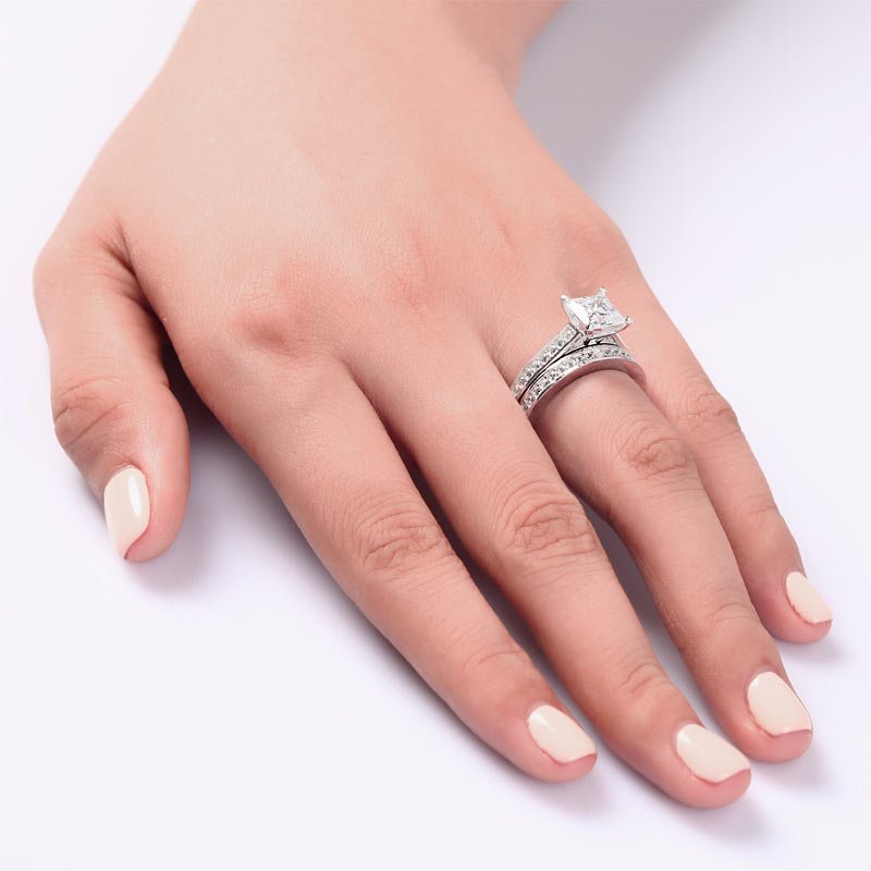 1.5 Carat Princess Cut Created Diamond 925 Sterling Silver 2 Pcs Wedding Engagement Ring Set