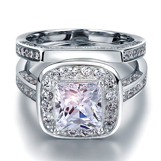 Vintage Style 2 Carat Created Diamond Solid Sterling 925 Silver 2 Pc Bridal Wedding Engagement Ring Set