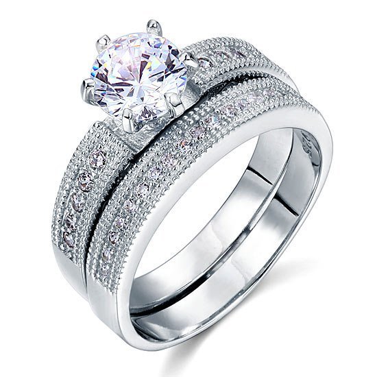 Vintage Style 1.25 Solitaire Created Diamond Solid Sterling 925 Silver 2 Pc Bridal Wedding Engagement Ring Set