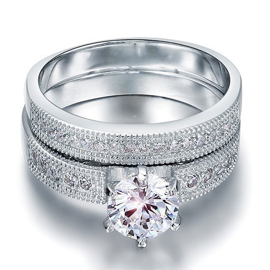 Vintage Style 1.25 Solitaire Created Diamond Solid Sterling 925 Silver 2 Pc Bridal Wedding Engagement Ring Set