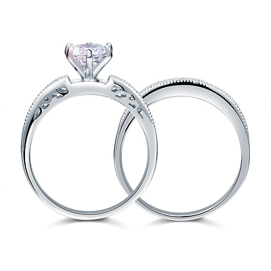 Vintage Style 1.25 Solitaire Created Diamond Solid Sterling 925 Silver 2 Pc Bridal Wedding Engagement Ring Set