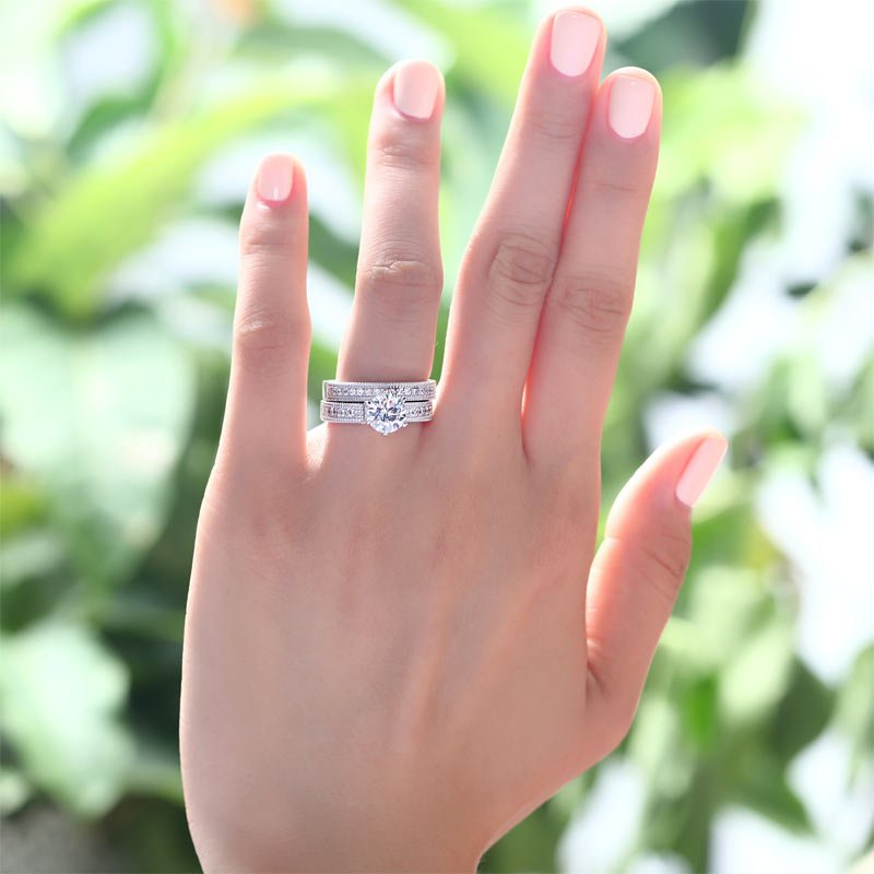 Vintage Style 1.25 Solitaire Created Diamond Solid Sterling 925 Silver 2 Pc Bridal Wedding Engagement Ring Set