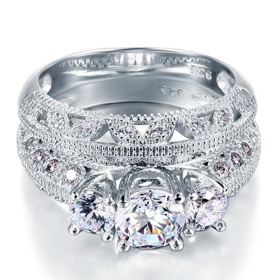 Vintage Style Victorian Art Deco 1.5 Carat Lab Created Diamond Solid Sterling 925 Silver 2 Pcs Wedding Engagement Ring Set