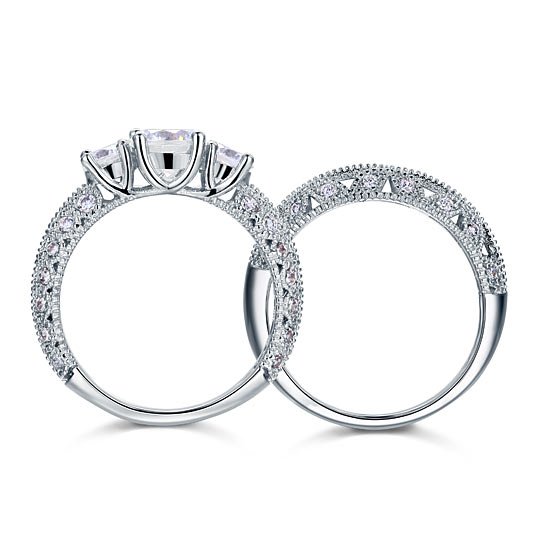 Vintage Style Victorian Art Deco 1.5 Carat Lab Created Diamond Solid Sterling 925 Silver 2 Pcs Wedding Engagement Ring Set