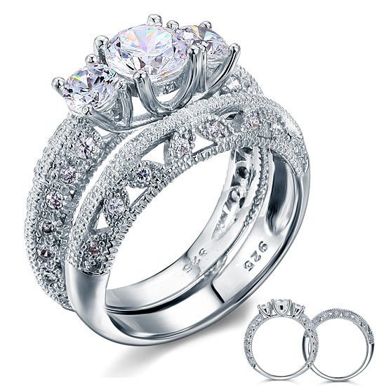 Vintage Style Victorian Art Deco 1.5 Carat Lab Created Diamond Solid Sterling 925 Silver 2 Pcs Wedding Engagement Ring Set