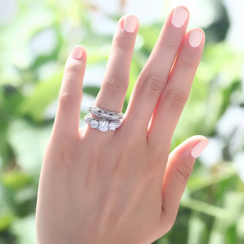 Vintage Style Victorian Art Deco 1.5 Carat Lab Created Diamond Solid Sterling 925 Silver 2 Pcs Wedding Engagement Ring Set