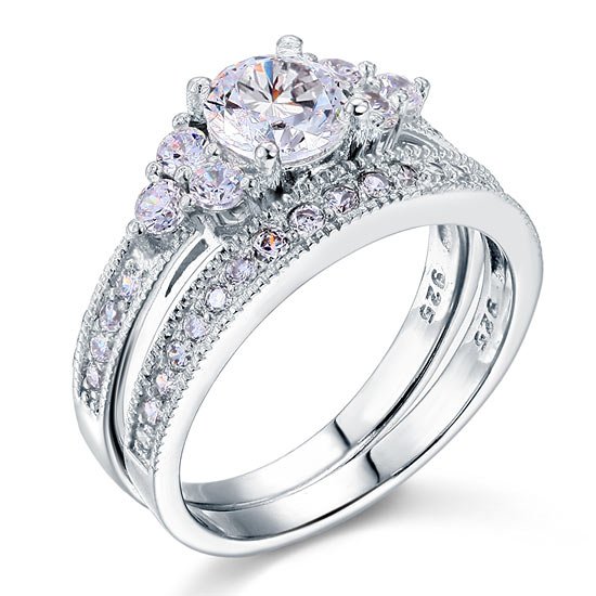 Vintage Style 1 Carat Created Diamond Solid Sterling 925 Silver 2 Pc Wedding Engagement Ring Set