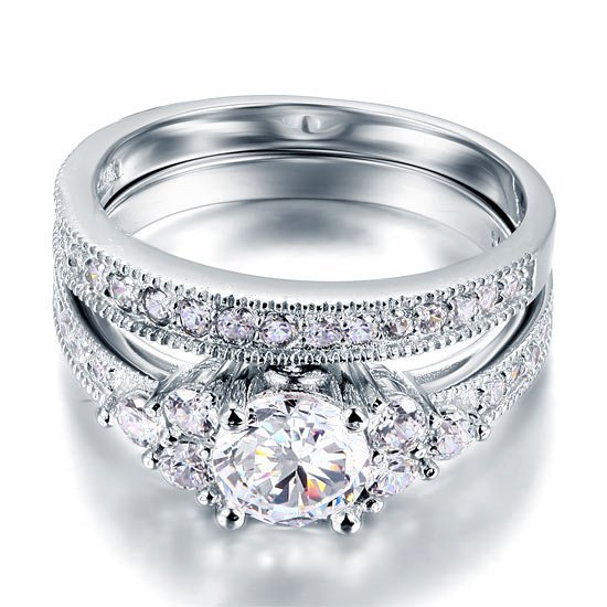 Vintage Style 1 Carat Created Diamond Solid Sterling 925 Silver 2 Pc Wedding Engagement Ring Set