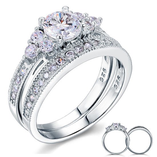 Vintage Style 1 Carat Created Diamond Solid Sterling 925 Silver 2 Pc Wedding Engagement Ring Set