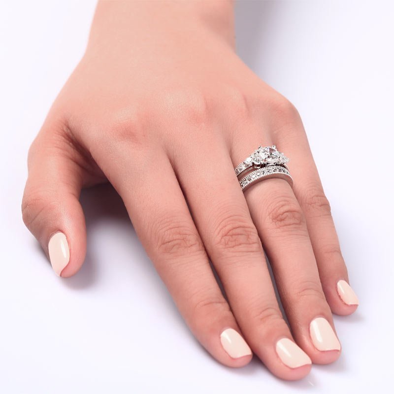 Vintage Style 1 Carat Created Diamond Solid Sterling 925 Silver 2 Pc Wedding Engagement Ring Set
