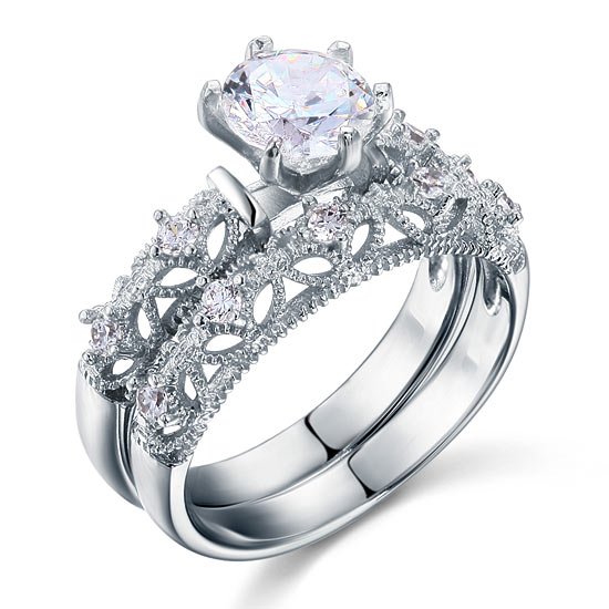 Vintage Style Victorian Art Deco 1.25 Carat Created Diamond Solid Sterling 925 Silver 2 Pcs Wedding Engagement Ring Set