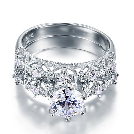 Vintage Style Victorian Art Deco 1.25 Carat Created Diamond Solid Sterling 925 Silver 2 Pcs Wedding Engagement Ring Set