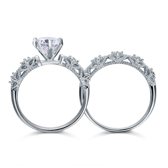 Vintage Style Victorian Art Deco 1.25 Carat Created Diamond Solid Sterling 925 Silver 2 Pcs Wedding Engagement Ring Set