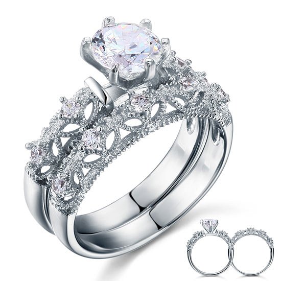 Vintage Style Victorian Art Deco 1.25 Carat Created Diamond Solid Sterling 925 Silver 2 Pcs Wedding Engagement Ring Set