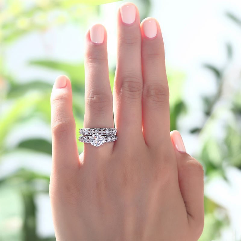 Vintage Style Victorian Art Deco 1.25 Carat Created Diamond Solid Sterling 925 Silver 2 Pcs Wedding Engagement Ring Set