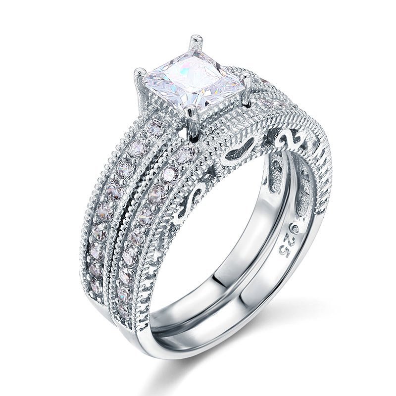 Vintage Style Victorian Art Deco 1 Carat Lab Created Diamond Solid Sterling 925 Silver 2-Pc Wedding Engagement Ring