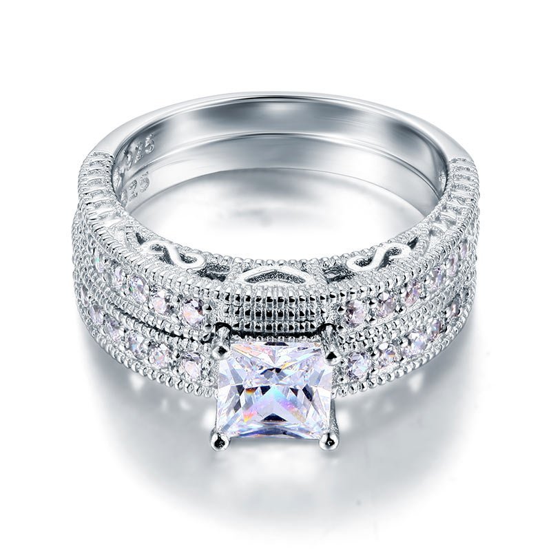 Vintage Style Victorian Art Deco 1 Carat Lab Created Diamond Solid Sterling 925 Silver 2-Pc Wedding Engagement Ring