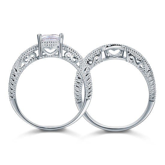 Vintage Style Victorian Art Deco 1 Carat Lab Created Diamond Solid Sterling 925 Silver 2-Pc Wedding Engagement Ring