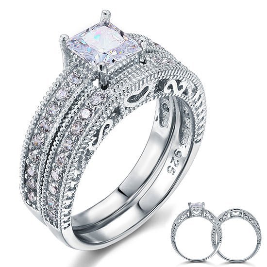 Vintage Style Victorian Art Deco 1 Carat Lab Created Diamond Solid Sterling 925 Silver 2-Pc Wedding Engagement Ring