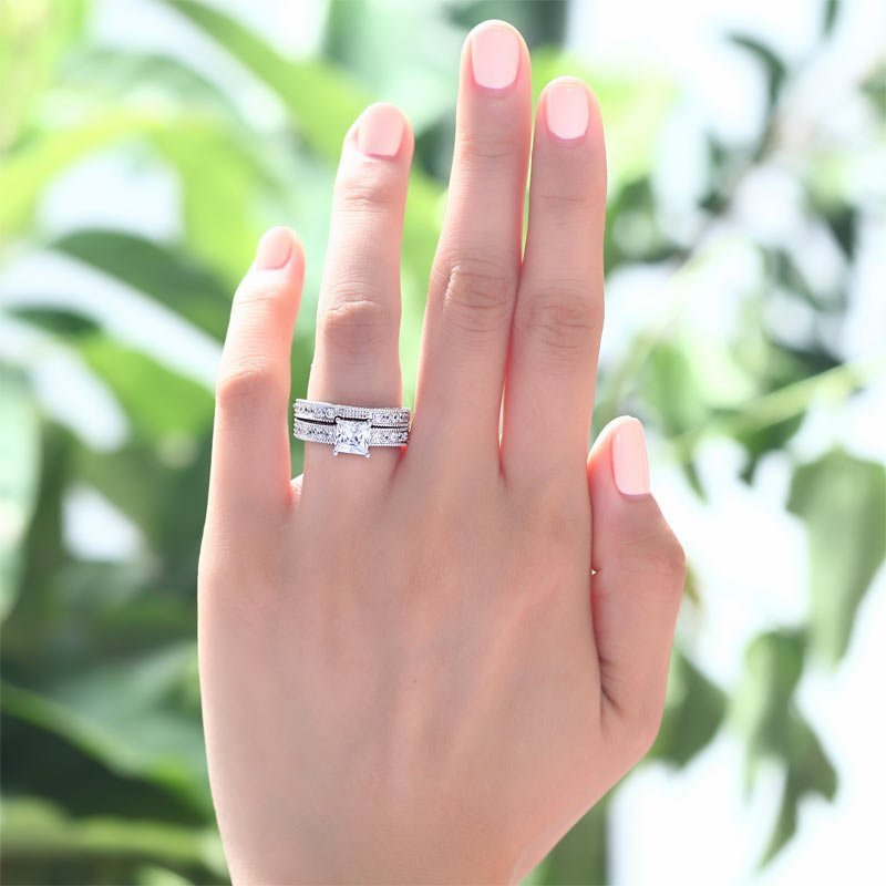 Vintage Style Victorian Art Deco 1 Carat Lab Created Diamond Solid Sterling 925 Silver 2-Pc Wedding Engagement Ring