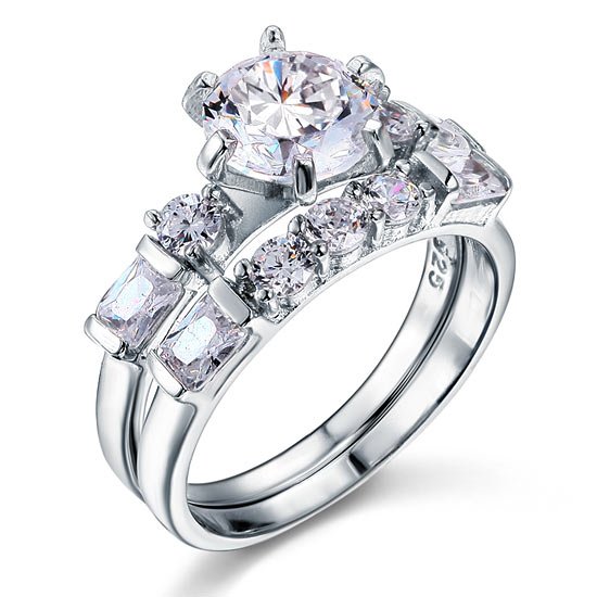 Vintage Style 2 Carat Created Diamond Solid Sterling 925 Silver 2 Pc Wedding Engagement Ring