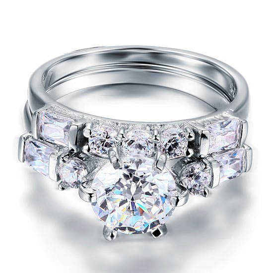 Vintage Style 2 Carat Created Diamond Solid Sterling 925 Silver 2 Pc Wedding Engagement Ring