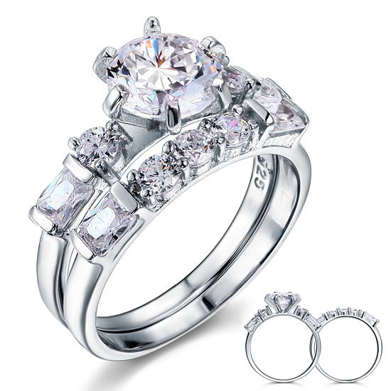 Vintage Style 2 Carat Created Diamond Solid Sterling 925 Silver 2 Pc Wedding Engagement Ring