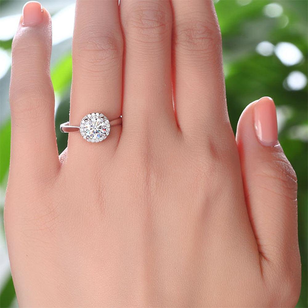 Solid 925 Sterling Silver Created Diamond Wedding Promise Ring Halo - Gift Boxed