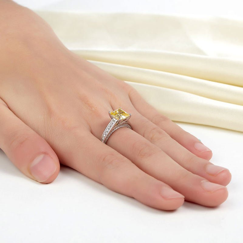 1.5 Carat Princess Cut Yellow Canary Created Diamond 925 Sterling Silver Wedding Engagement Ring