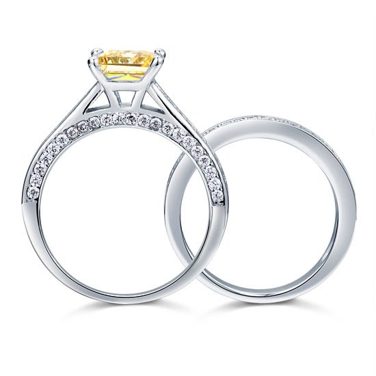 1.5 Ct Princess Cut Yellow Canary Solid 925 Sterling Silver 2 Pcs Wedding Ring Set